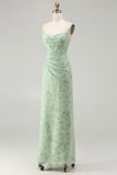 Green Sheath Corset Print Floral Long Bridesmaid Dress with Lace Up Back