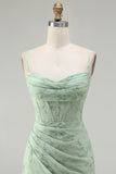 Green Sheath Corset Print Floral Long Bridesmaid Dress with Lace Up Back