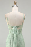 Green Sheath Corset Print Floral Long Bridesmaid Dress with Lace Up Back
