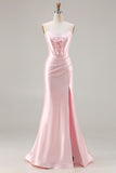 Pink Mermaid Corset Satin Spaghetti Straps Long Prom Dress with Slit