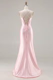 Pink Mermaid Corset Satin Spaghetti Straps Long Prom Dress with Slit