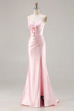 Pink Mermaid Corset Satin Spaghetti Straps Long Prom Dress with Slit