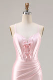 Pink Mermaid Corset Satin Spaghetti Straps Long Prom Dress with Slit