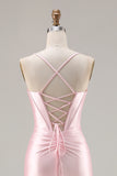 Pink Mermaid Corset Satin Spaghetti Straps Long Prom Dress with Slit