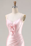 Pink Mermaid Corset Satin Spaghetti Straps Long Prom Dress with Slit