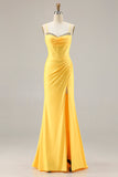 Yellow Mermaid Beaded Corset Ruched Long Prom Dress with Slit