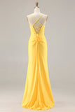 Yellow Mermaid Beaded Corset Ruched Long Prom Dress with Slit