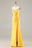Yellow Mermaid Beaded Corset Ruched Long Prom Dress with Slit