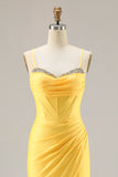Yellow Mermaid Beaded Corset Ruched Long Prom Dress with Slit