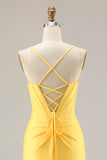 Yellow Mermaid Beaded Corset Ruched Long Prom Dress with Slit