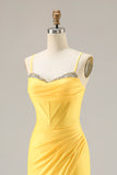 Yellow Mermaid Beaded Corset Ruched Long Prom Dress with Slit