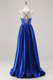 Royal Blue A Line Satin Spaghetti Straps Sequin Long Prom Dress with Lace Up Back