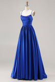 Royal Blue A Line Satin Spaghetti Straps Sequin Long Prom Dress with Lace Up Back