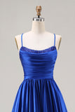 Royal Blue A Line Satin Spaghetti Straps Sequin Long Prom Dress with Lace Up Back