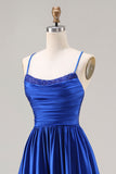 Royal Blue A Line Satin Spaghetti Straps Sequin Long Prom Dress with Lace Up Back
