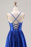 Royal Blue A Line Satin Spaghetti Straps Sequin Long Prom Dress with Lace Up Back