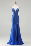 Sparkly Royal Blue Mermaid Lace Up Back Beaded Long Prom Dress with Slit