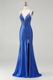 Sparkly Royal Blue Mermaid Lace Up Back Beaded Long Prom Dress with Slit