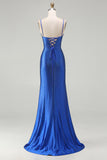 Sparkly Royal Blue Mermaid Lace Up Back Beaded Long Prom Dress with Slit