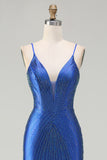 Sparkly Royal Blue Mermaid Lace Up Back Beaded Long Prom Dress with Slit