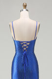 Sparkly Royal Blue Mermaid Lace Up Back Beaded Long Prom Dress with Slit