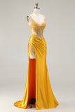 Yellow Mermaid Corset Sequins Rhinestones Ruched Satin Long Prom Dress with Slit