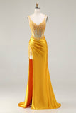 Yellow Mermaid Corset Sequins Rhinestones Ruched Satin Long Prom Dress with Slit