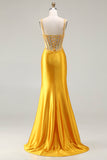 Yellow Mermaid Corset Sequins Rhinestones Ruched Satin Long Prom Dress with Slit