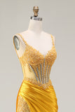 Yellow Mermaid Corset Sequins Rhinestones Ruched Satin Long Prom Dress with Slit