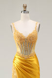 Yellow Mermaid Corset Sequins Rhinestones Ruched Satin Long Prom Dress with Slit