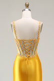 Yellow Mermaid Corset Sequins Rhinestones Ruched Satin Long Prom Dress with Slit