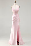 Pink Mermaid Corset Beaded Spaghetti Straps Long Prom Dress with Slit