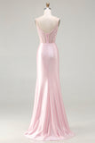 Pink Mermaid Corset Beaded Spaghetti Straps Long Prom Dress with Slit
