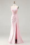 Pink Mermaid Corset Beaded Spaghetti Straps Long Prom Dress with Slit