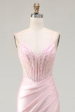 Pink Mermaid Corset Beaded Spaghetti Straps Long Prom Dress with Slit