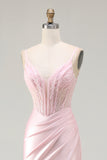 Pink Mermaid Corset Beaded Spaghetti Straps Long Prom Dress with Slit