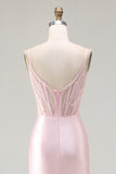 Pink Mermaid Corset Beaded Spaghetti Straps Long Prom Dress with Slit