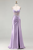 Sparkly Light Purple Mermaid Sequins Corset Ruched Long Prom Dress with Slit