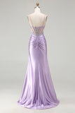 Sparkly Light Purple Mermaid Sequins Corset Ruched Long Prom Dress with Slit