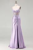 Sparkly Light Purple Mermaid Sequins Corset Ruched Long Prom Dress with Slit