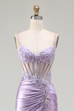Sparkly Light Purple Mermaid Sequins Corset Ruched Long Prom Dress with Slit