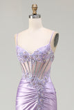 Sparkly Light Purple Mermaid Sequins Corset Ruched Long Prom Dress with Slit
