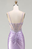 Sparkly Light Purple Mermaid Sequins Corset Ruched Long Prom Dress with Slit