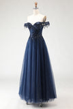 Glitter Navy Off The Shoulder Beaded A-Line Corset Long Prom Dress