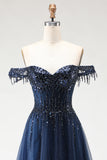 Glitter Navy Off The Shoulder Beaded A-Line Corset Long Prom Dress
