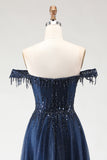 Glitter Navy Off The Shoulder Beaded A-Line Corset Long Prom Dress