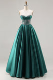 Dark Green Sweetheart Beaded Corset Long Prom Dress