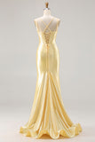 Light Yellow Mermaid Spaghetti Straps Beaded Corset Long Prom Dress
