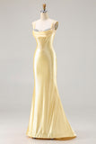 Light Yellow Mermaid Spaghetti Straps Beaded Corset Long Prom Dress