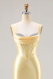 Light Yellow Mermaid Spaghetti Straps Beaded Corset Long Prom Dress